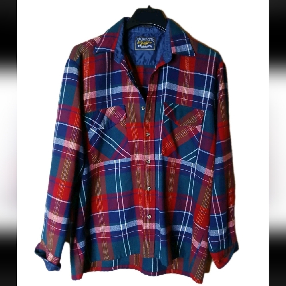 Vtg BACKPACKER Outdoors Mens Flannel Plaid Button-Up Shirt Size L